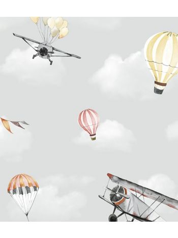 PAPEL DE PAREDE KANTAI HELLO KIDS - BALÃO E AVIÃO CINZA HK223501R 1