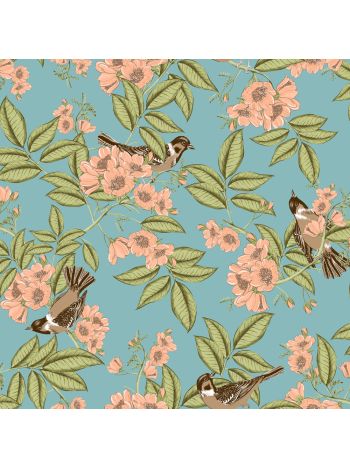 PAPEL DE PAREDE BOBINEX CONTEMPORÂNEO -  FOLHAS E PASSÁROS AZUL CLARO 1