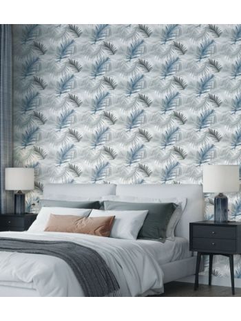 PAPEL DE PAREDE EDANTEX AVALON 2 - FOLHAS CINZA E AZUL (COM BRILHO) AVA-205 1