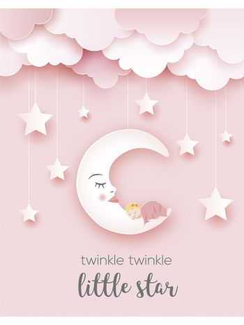 Painel de Parede Decorativo Nuvem e Estrelas Bebê na Lua Rosa - Personalizado Sob Medida 1