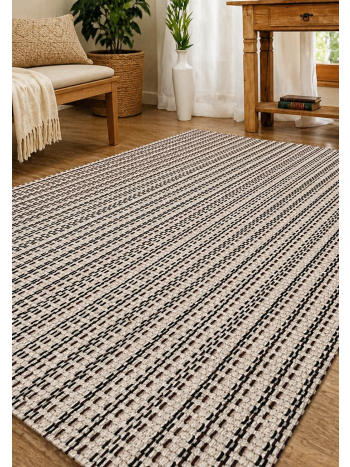 Tapete Cipo Off White com Detalhes em Preto – 100% Algodão, Base Antiderrapante e Estilo Moderno 1