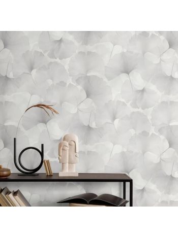 PAPEL DE PAREDE WILER BAVÁRIA - FOLHAGEM GINKGO CINZA CLARO (COM BRILHO) 1