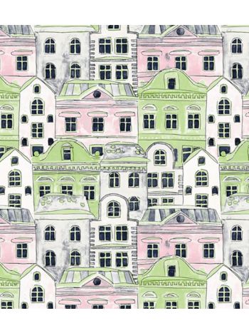 PAPEL DE PAREDE KANTAI HELLO KIDS - CIDADE DESENHADA ROSA E VERDE HK223901R 1