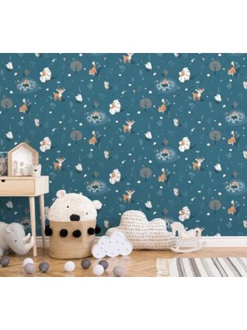 PAPEL DE PAREDE INFANTIL ACAMPAMENTO NO BOSQUE AZUL - COLEÇÃO PETIT 1