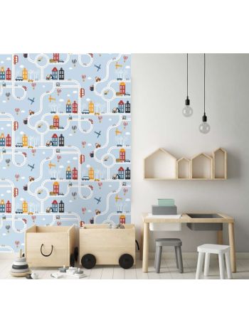PAPEL DE PAREDE INFANTIL CIDADE DOS CARRINHOS AZUL - COLEÇÃO PETIT 1